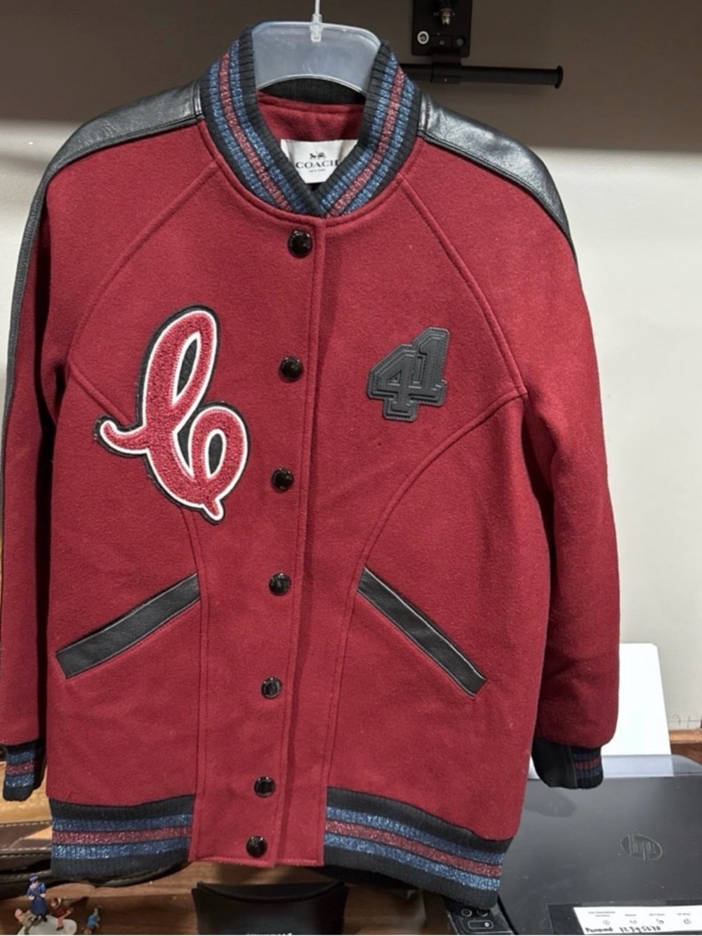 Coach Burgundy and Black Varsity Boyfriend Bomber Jacket Coat